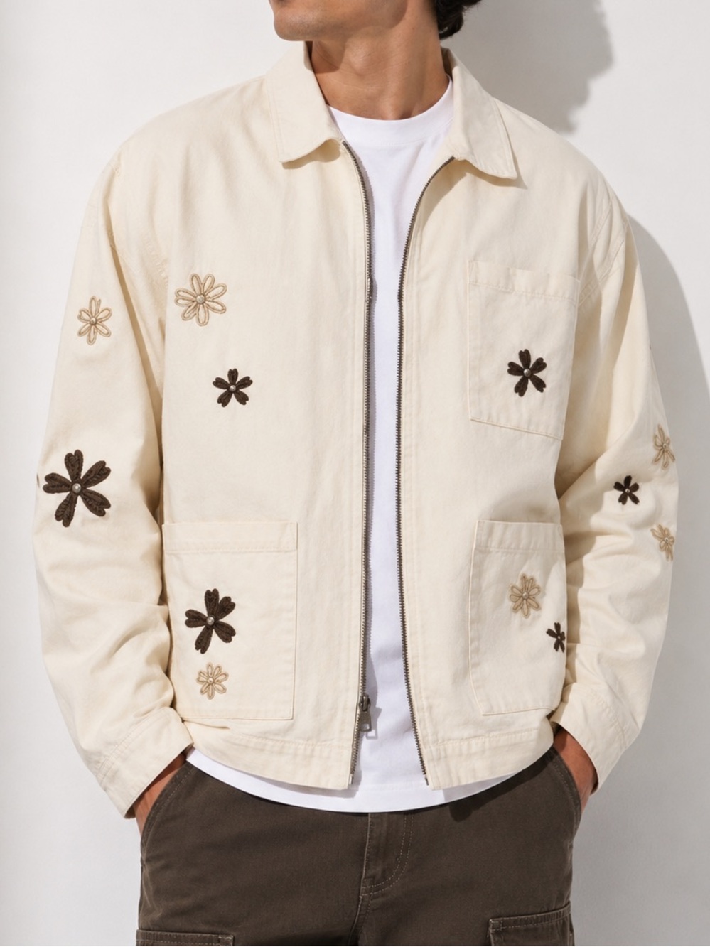 PacSun Mens L Cream Embroidered Workwear Jacket Floral Canvas Chore Coat